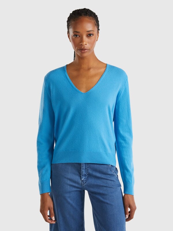 Pull col en V bleu ciel en pure laine mérinos Femme