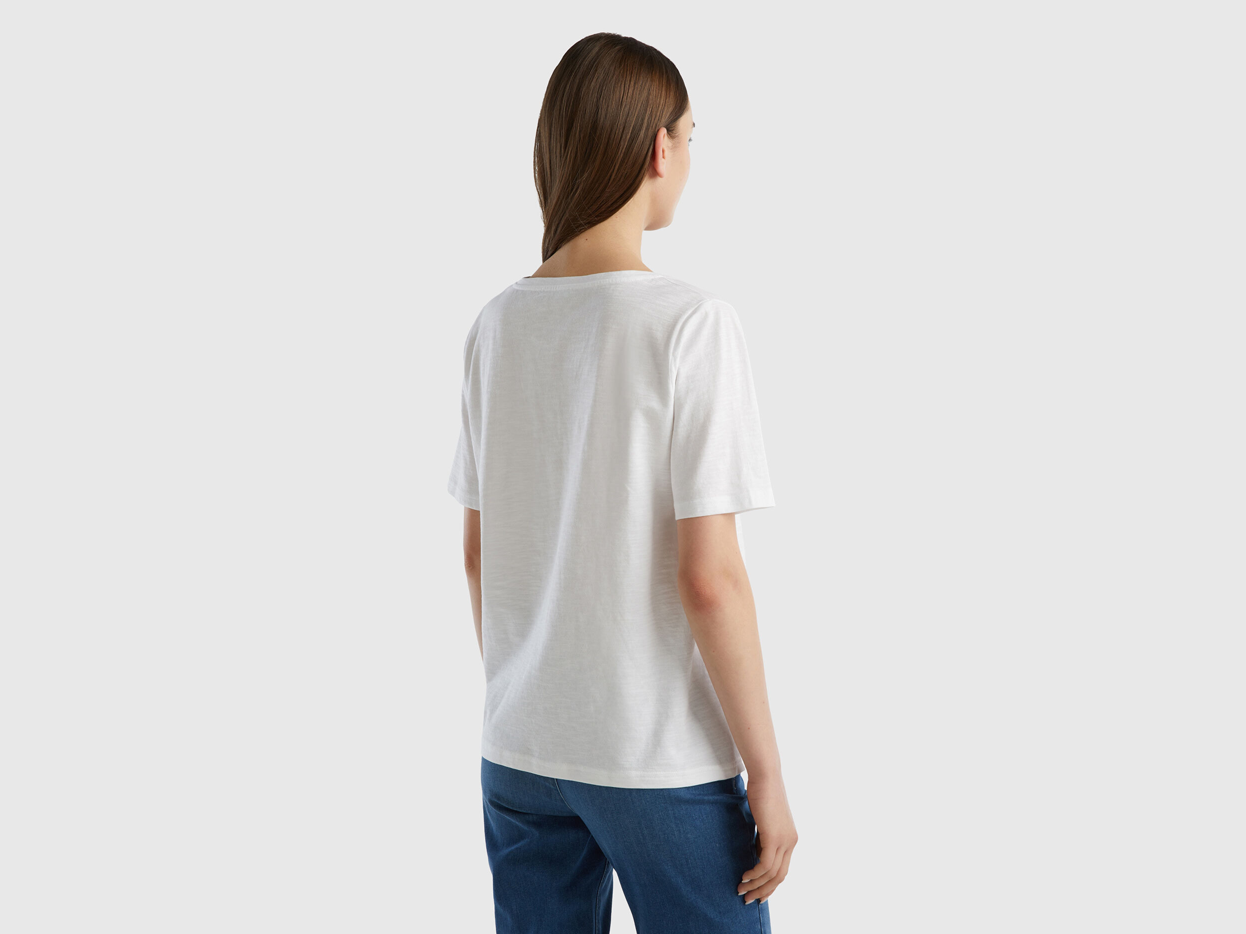 T shirt en coton flamm col en V Blanc Benetton