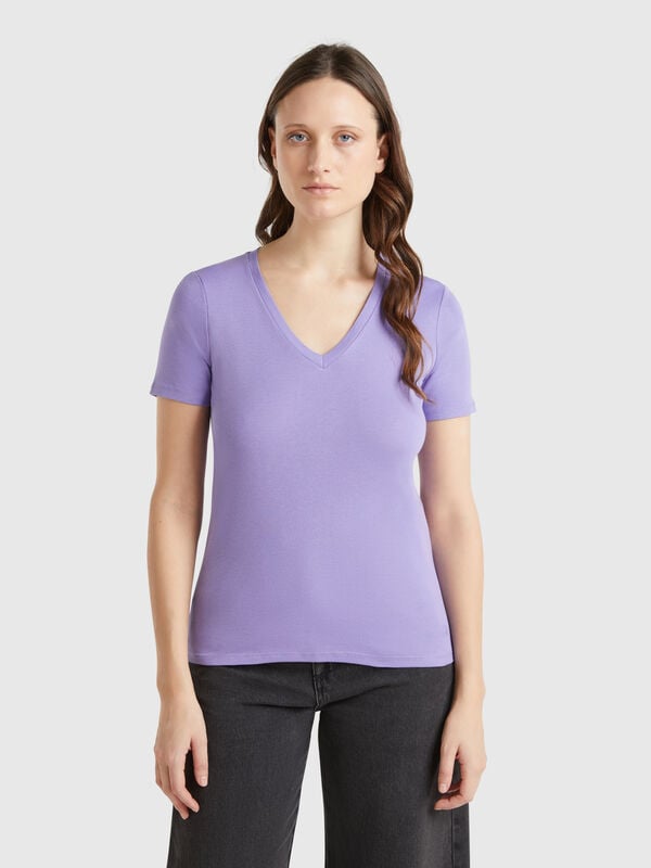 T-shirt pervenche en pur coton à col en V Femme