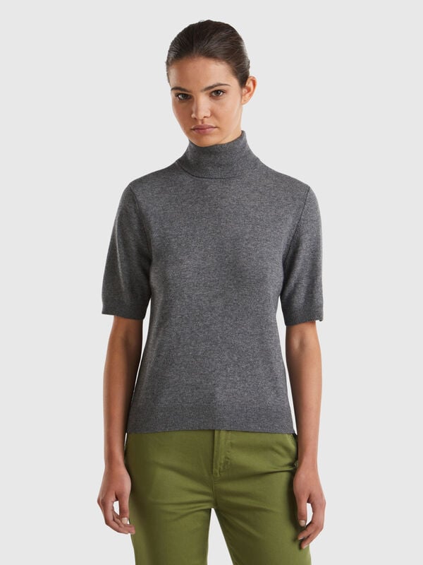 Pull col montant gris foncé à manches courtes en cachemire mélangé Femme