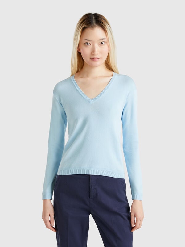 Pull en pur coton à col en V Femme