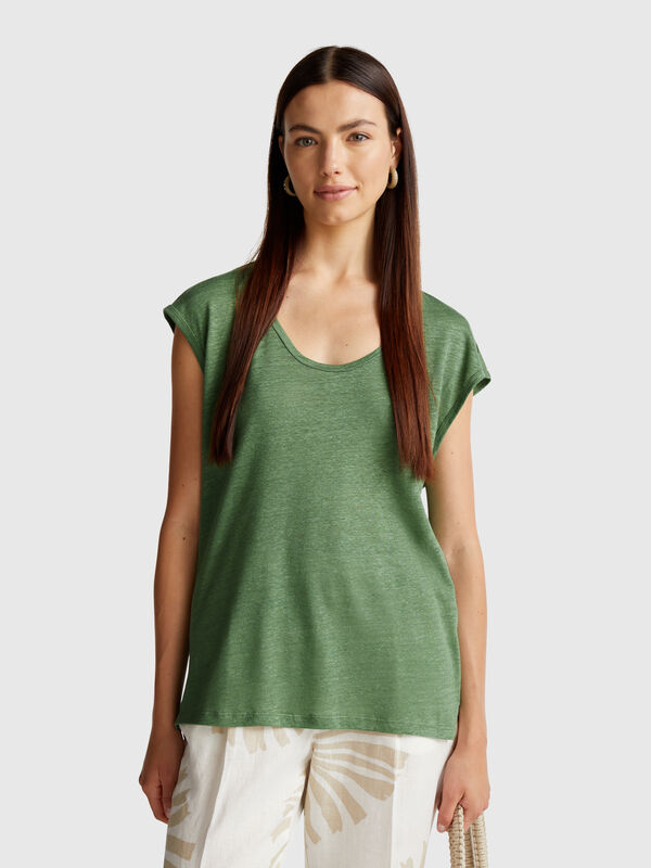 T-shirt col large en pur lin Femme