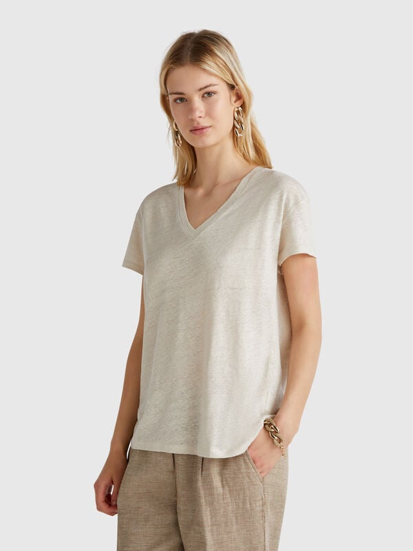 T-shirt col V en pur lin Femme