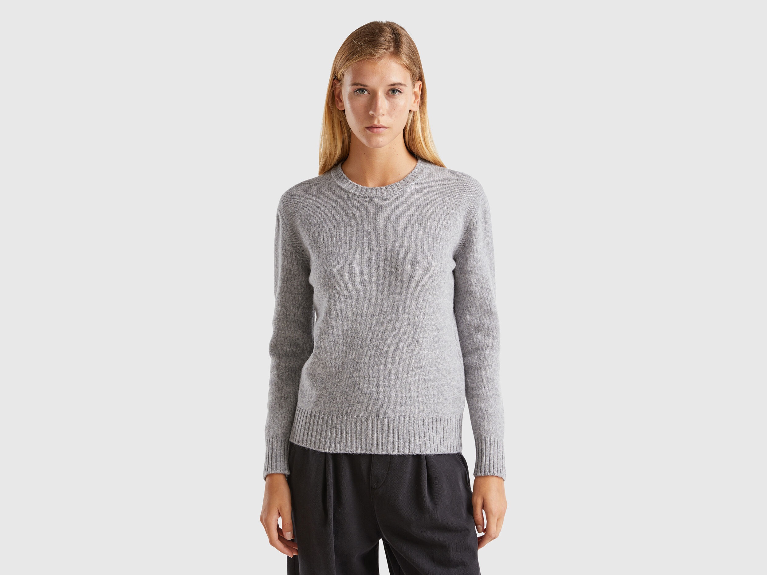 Pull en pure laine Shetland Gris Clair Benetton