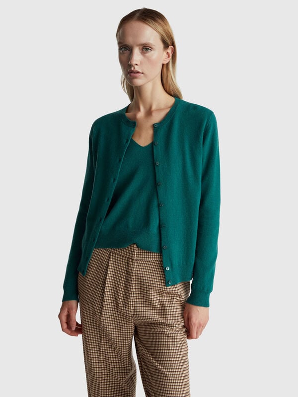 Cardigan vert à col rond en pure laine mérinos Femme