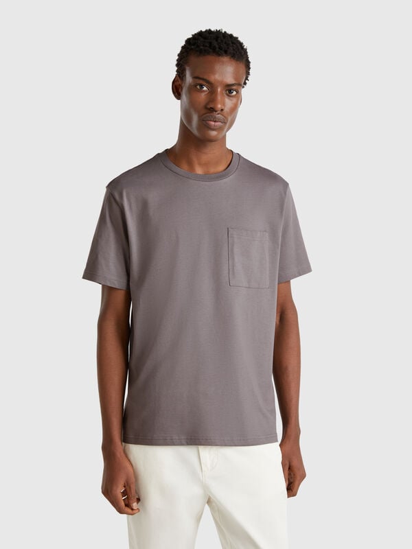 T-shirt gris souris en coton bio à petite poche Homme