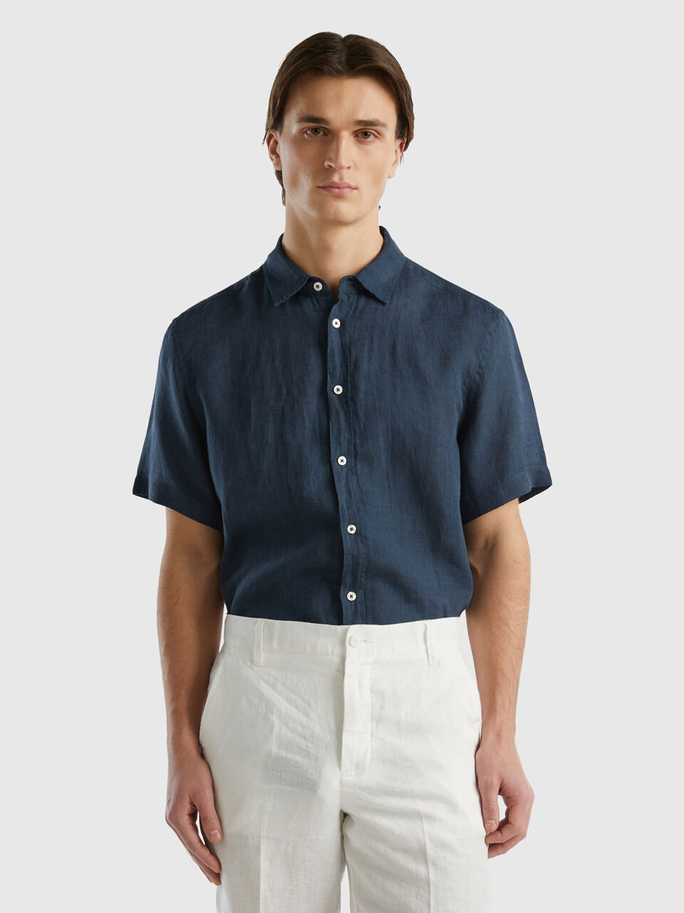 chemise homme a manches courtes en lin et coton bleu chemise
