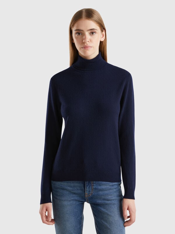 Pull chaud bleu foncé à col roulé en pure laine Mérinos Femme
