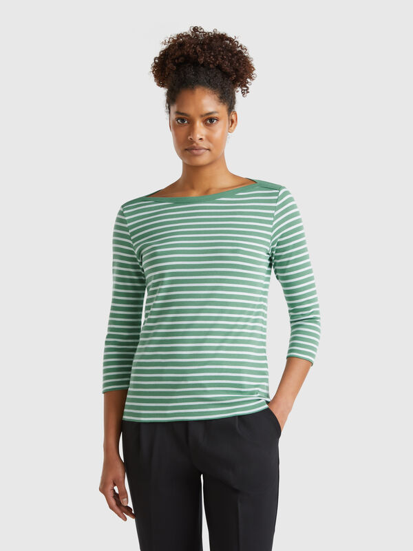 T-shirt rayé à manches 3/4 en pur coton Femme