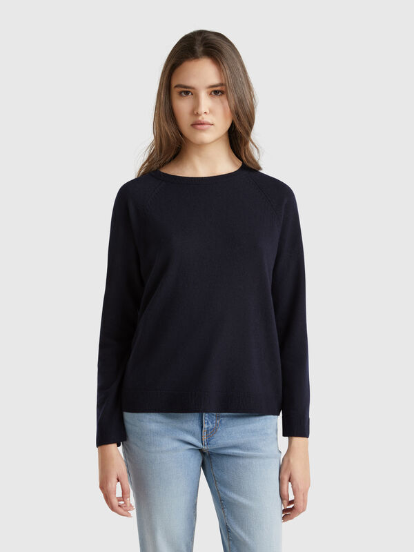 Pull bleu nuit à col rond en mélange de laine et de cachemire Femme
