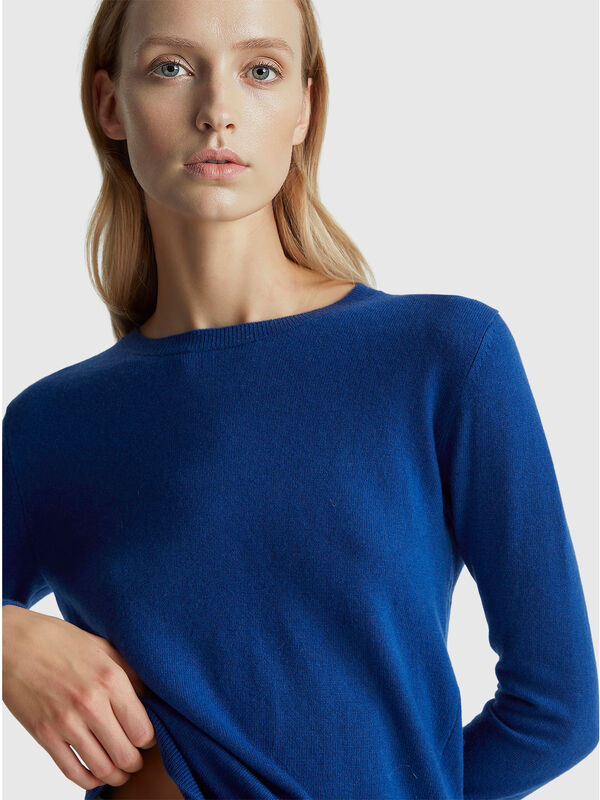 Pull ras du cou bleu en laine mérinos Femme