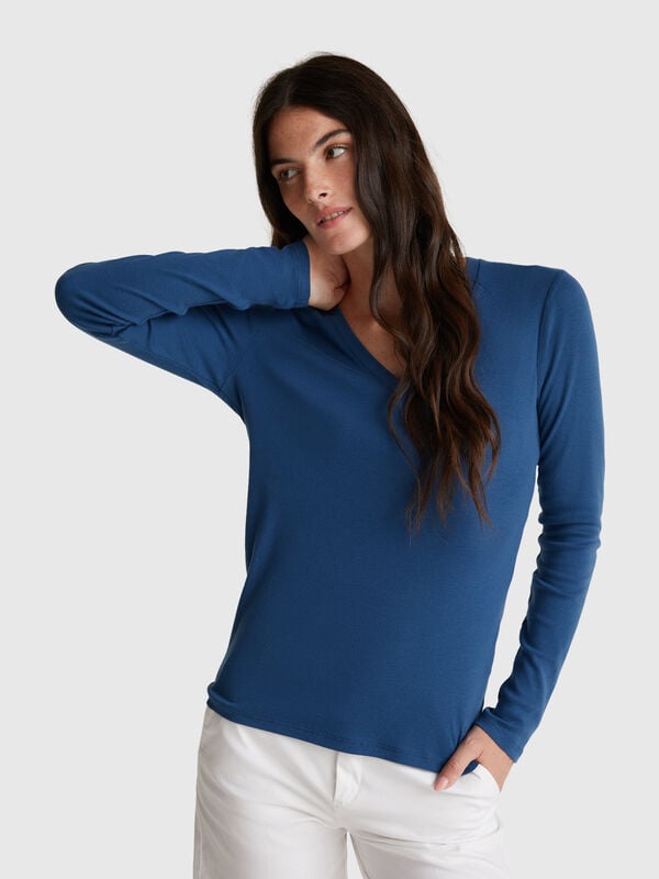 T-shirt col V bleu Air Force Femme