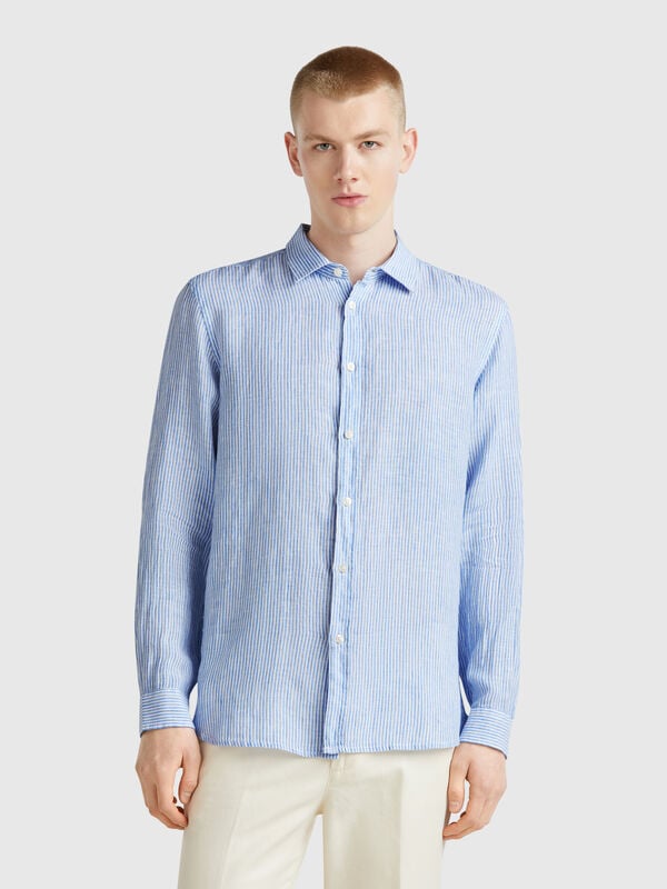 Chemise rayée bleu clair en pur lin Homme