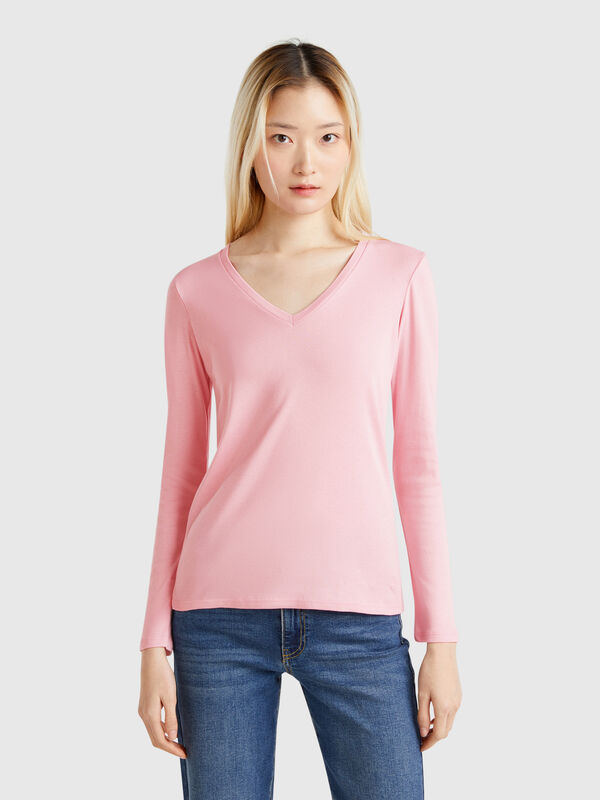 T-shirt manches longues col V Femme