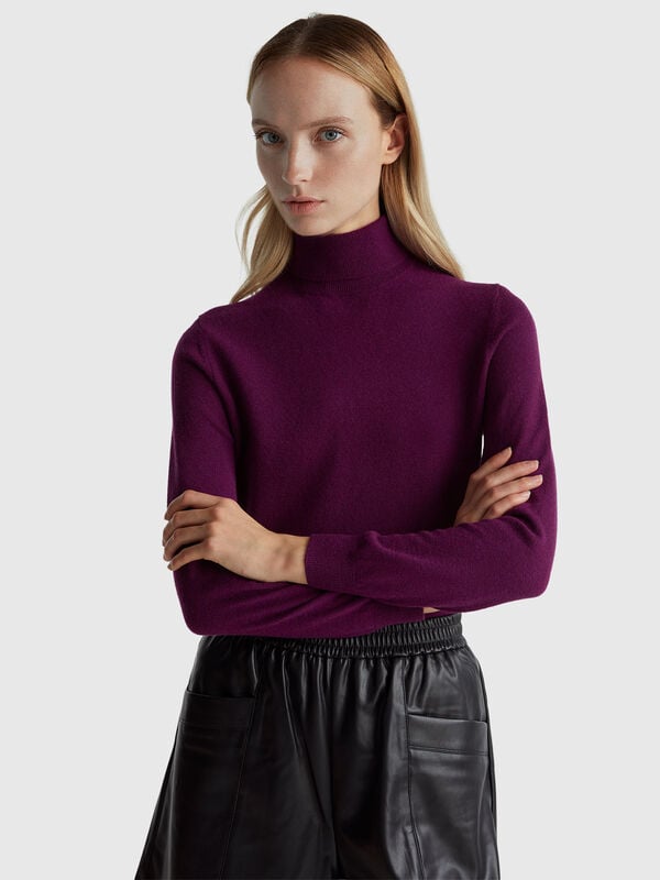 Pull col roulé violet en pure laine mérinos Femme
