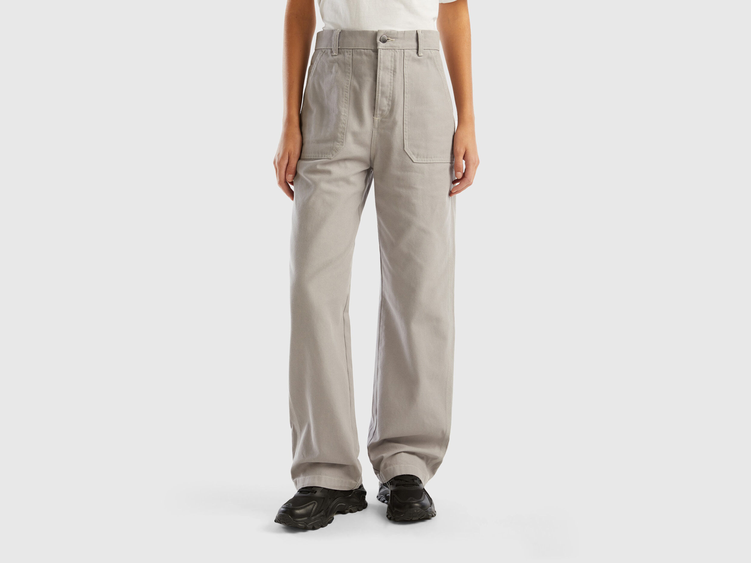 Pantalon droit en toile de coton Gris Clair Benetton