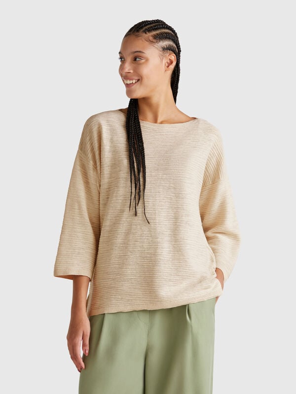 Pull en lin mélangé à manches 3/4 Femme