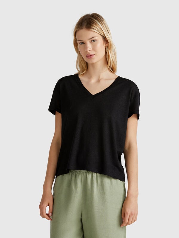T-shirt col V en pur lin Femme