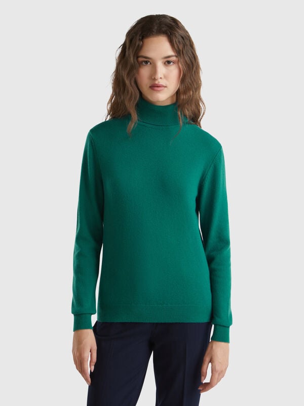 Pull col montant vert forêt en pure laine mérinos Femme