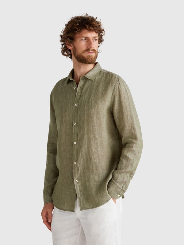 Chemise vert militaire en pur lin Homme