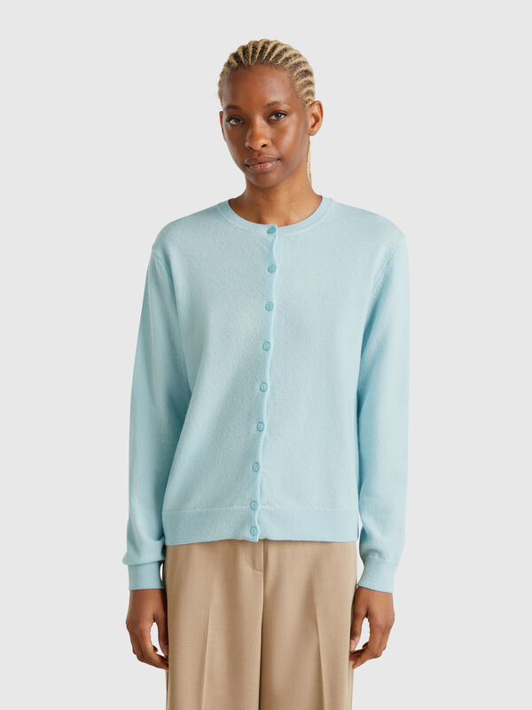 Gilet turquoise à col rond en pure laine mérinos Femme