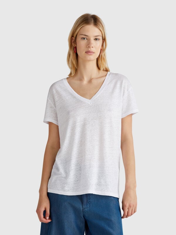 T-shirt col V en pur lin Femme