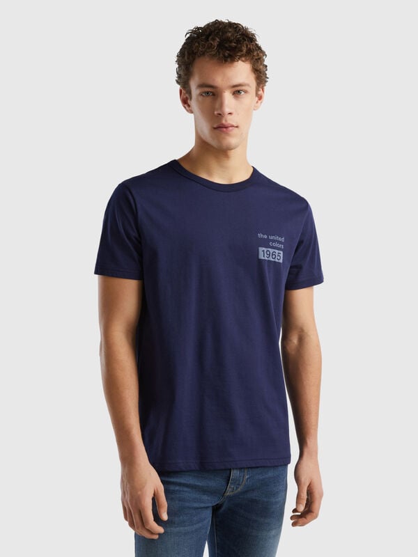T-shirt bleu foncé en coton bio à imprimé logo Homme