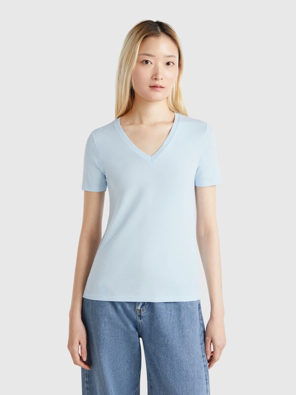 T-shirt bleu clair en pur coton à col en V Femme