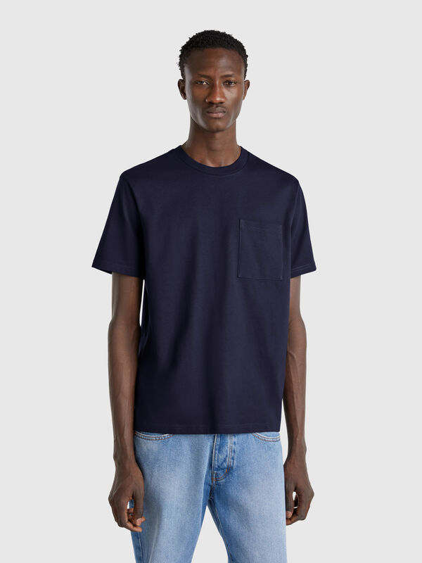 T-shirt bleu nuit en coton bio à petite poche Homme