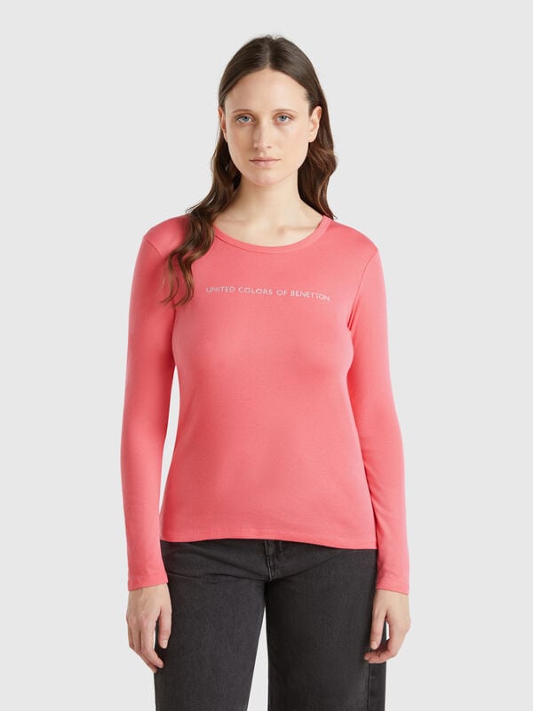 T-shirt fuchsia à manches longues 100 % coton Femme