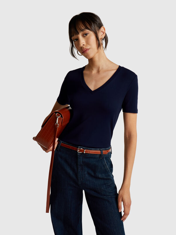 T-shirt col V en pur coton Femme