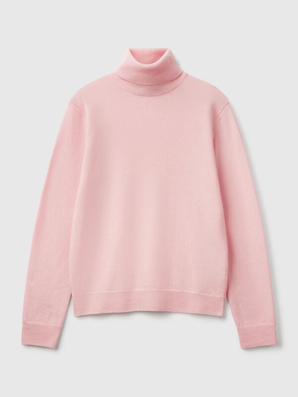 Pull col roulé rose poudré en pure laine mérinos Femme