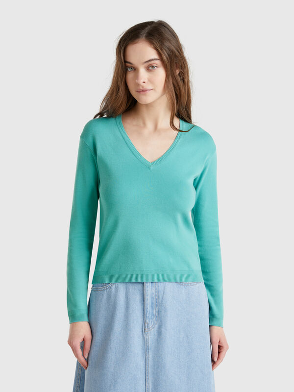 Pull en pur coton à col en V Femme