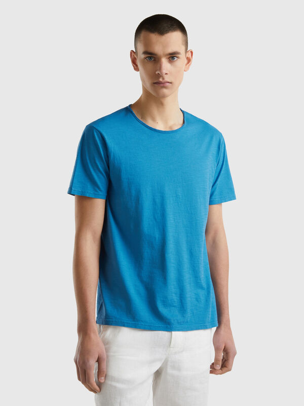 T-shirt bleu en coton flammé Homme