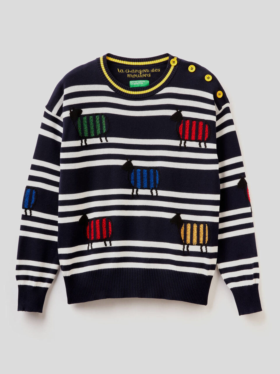 Pull 100% coton avec rayures et motifs en intarsia image number 1
