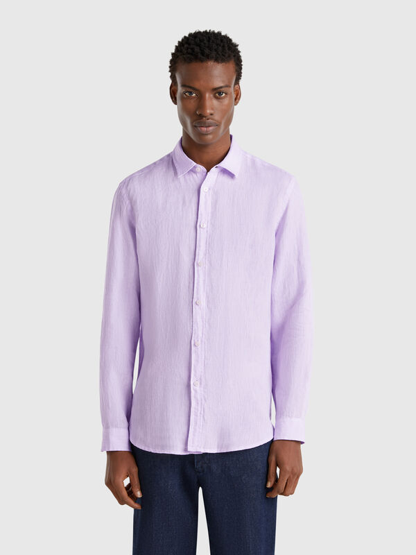 Chemise à motifs lilas en pur lin Homme