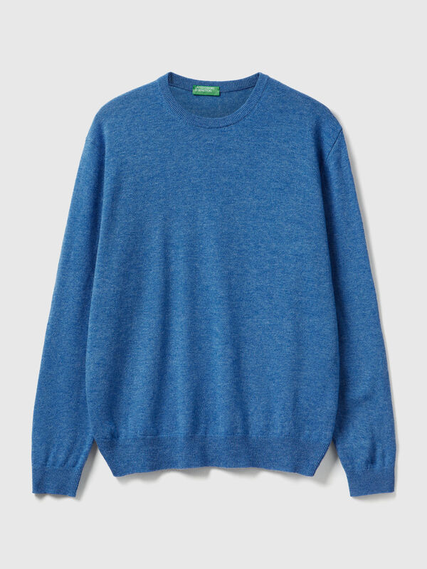 Pull ras du cou bleu chiné en pure laine mérinos Homme