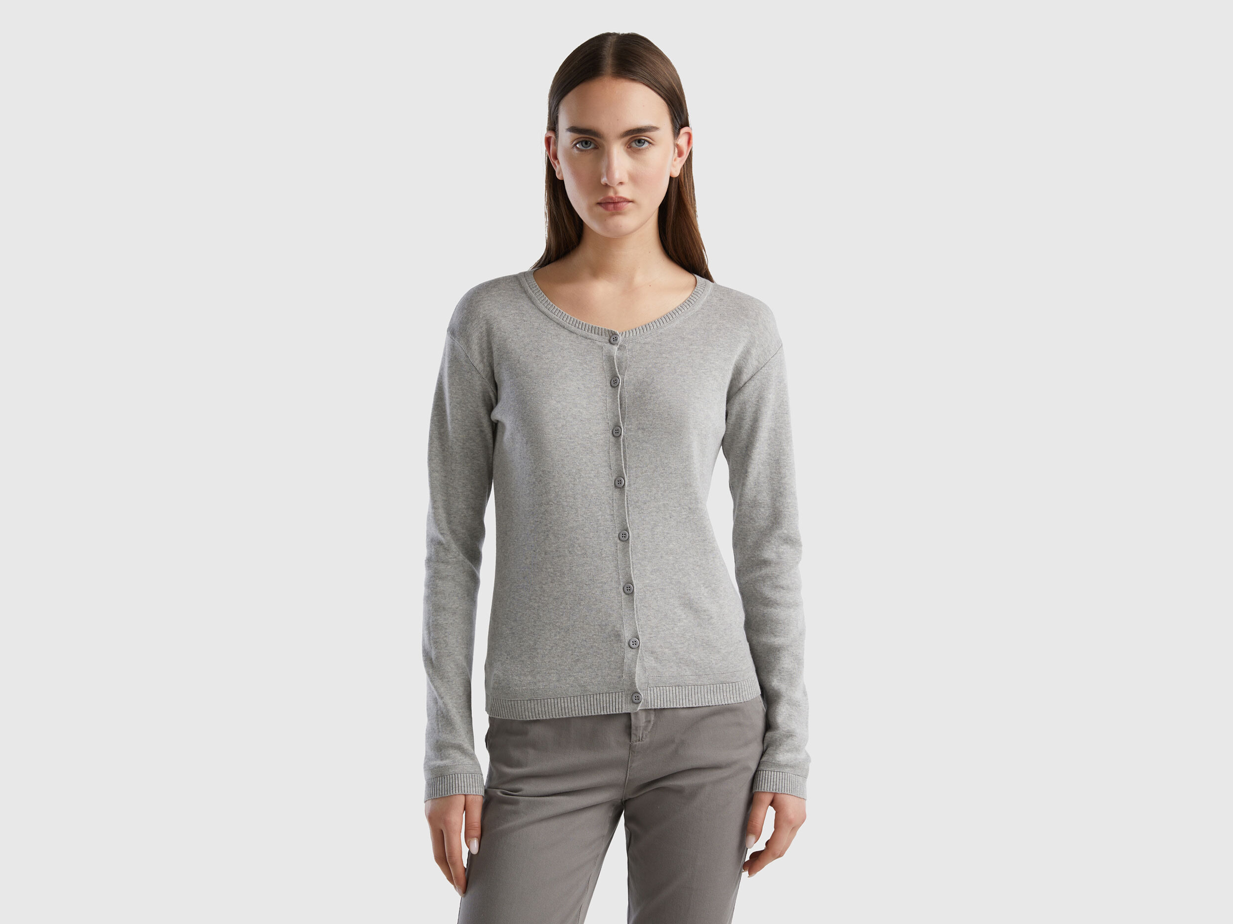 Gilet col rond en pur coton Gris Clair Benetton