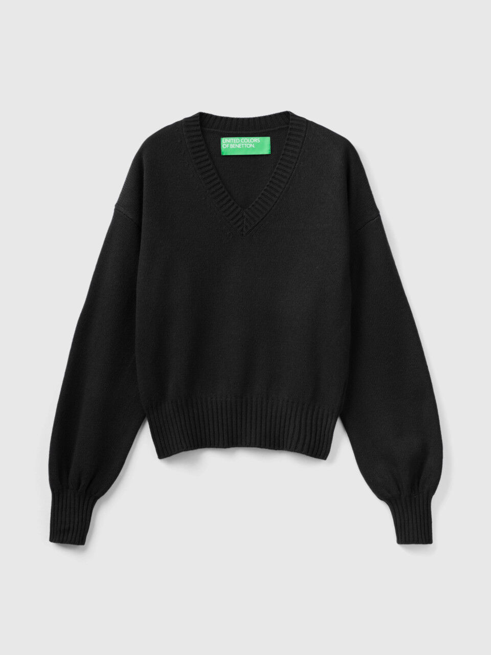 Pull col en V en laine m lang e Noir Benetton