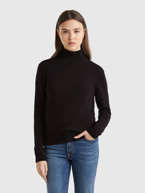 Pull noir à col montant en pure laine mérinos Femme