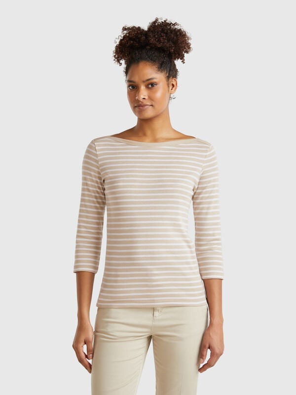 T-shirt rayé à manches 3/4 en pur coton Femme