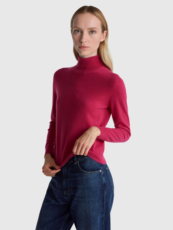 Pull col roulé fuchsia en pure laine mérinos Femme