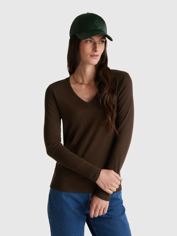 T-shirt col V marron foncé Femme