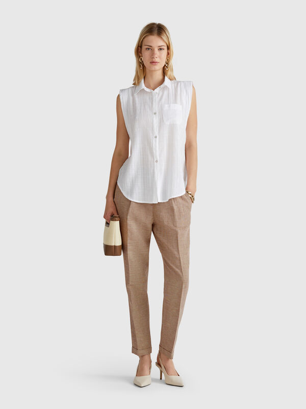 Pantalon en lin mélangé à carreaux Femme