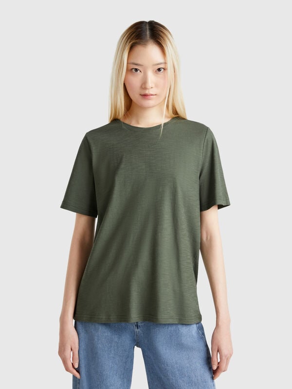 T-shirt à col rond en coton flammé Femme