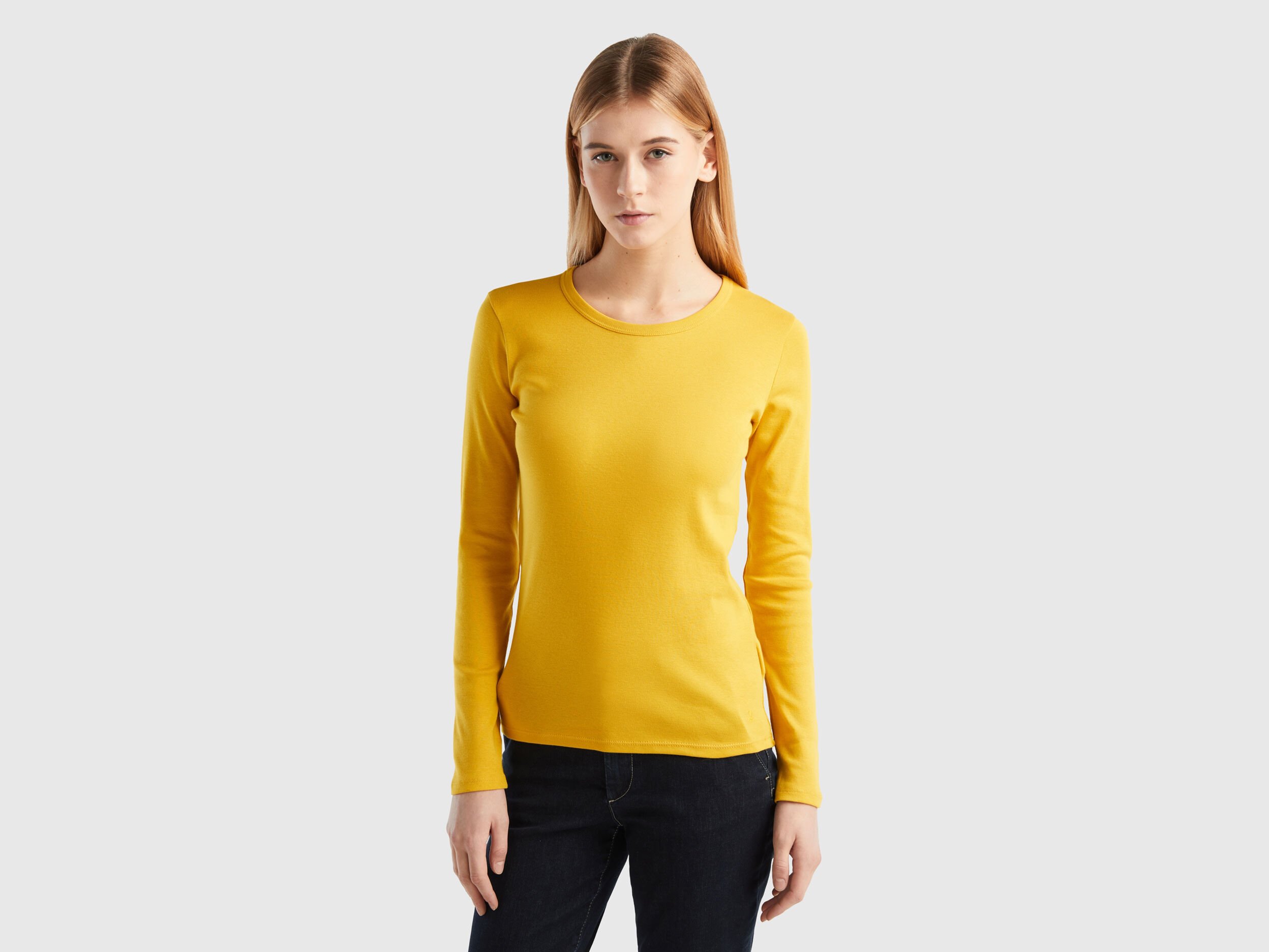 T shirt manches longues en pur coton Jaune Benetton