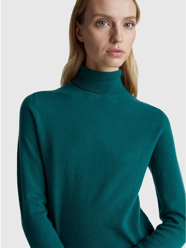 Pull col roulé vert en pure laine mérinos Femme