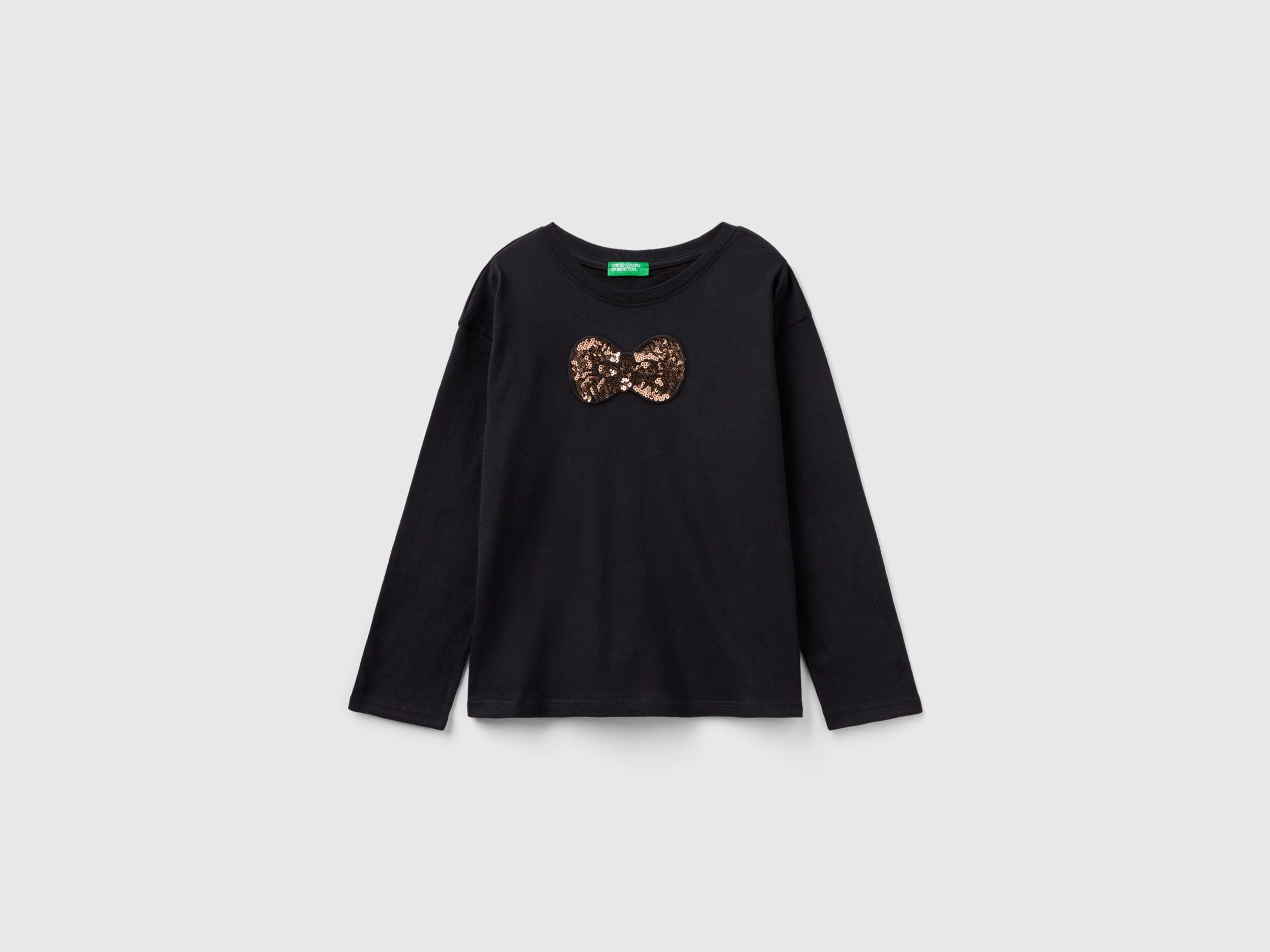 T shirt en coton chaud paillettes Noir Benetton