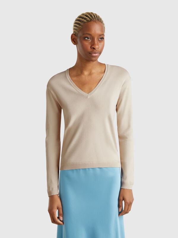 Pull beige à col en V Femme