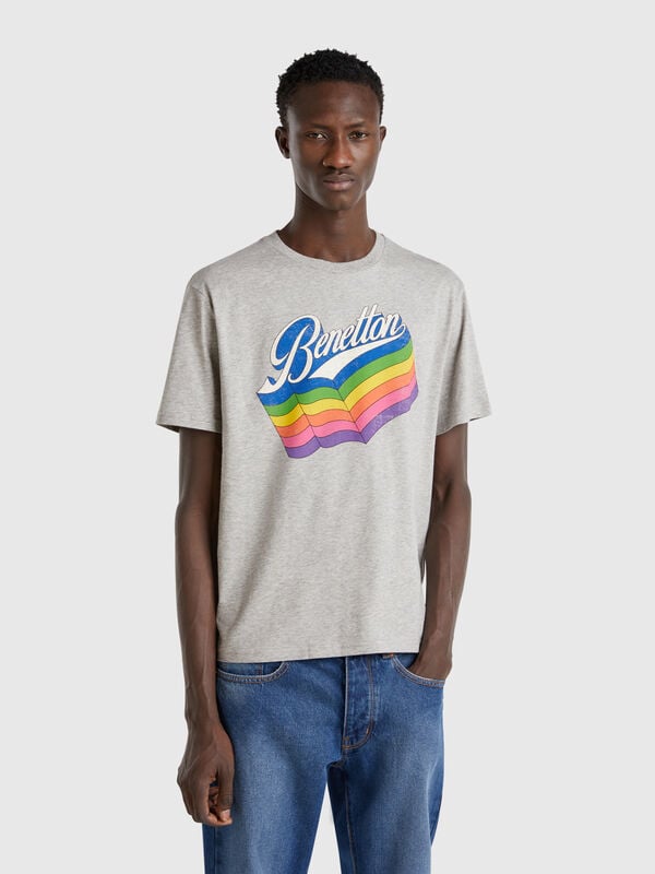 T-shirt en coton gris avec logo multicolore Homme